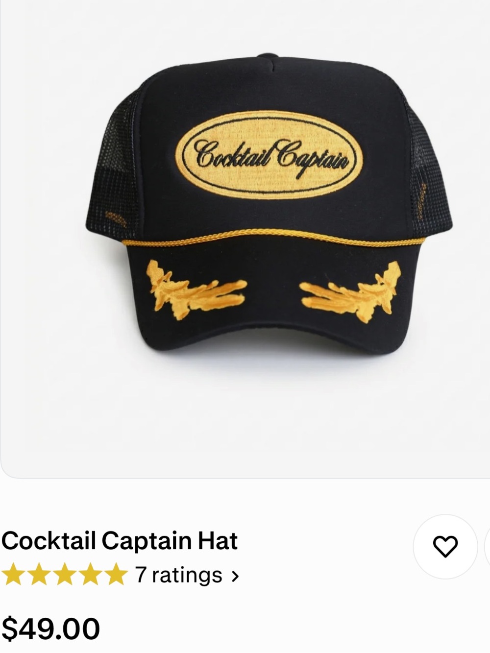 NEW! Cocktail Captain Trucker Hat - Black & Gold